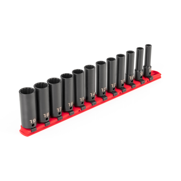 Tekton 3/8 Inch Drive Deep 12-Point Impact Socket Set with Rail, 12-Piece (8-19 mm) SID91111